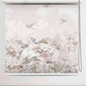 Floral blackout roller blind with hummingbird and wildflower design.