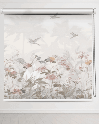 Floral blackout roller blind with hummingbird and wildflower design.