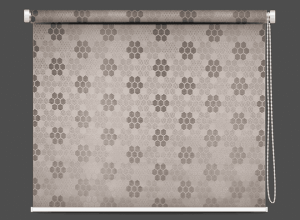 Designer blackout roller blinds with geometric patterns in beige tone premium window coverings for modern interiors