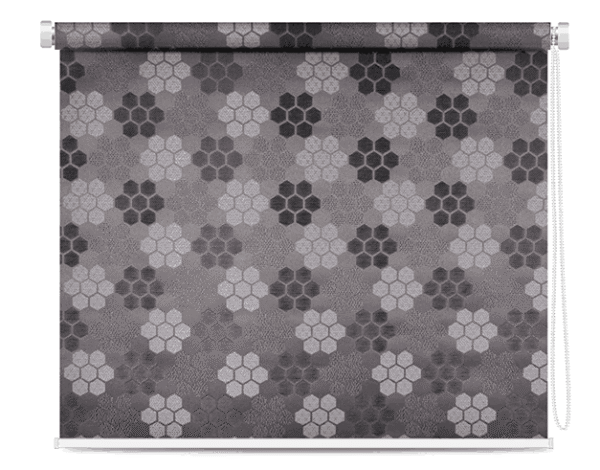 Designer blackout roller blinds with geometric patterns in grey tone – premium window coverings for modern interiors