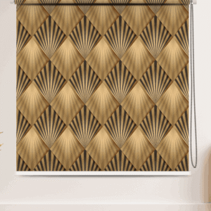 Luxury Art Deco with Geometric Window Roller Blind with black and gold geometric pattern.