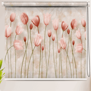 Elegant Tulip Bloom Designer Roller Blind with soft pink tulips and pastel background