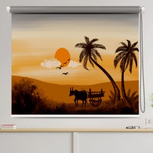 Rustic Sunset Village Scene Designer Roller Blind with Traditional Indian village sunset view and earthy tones.