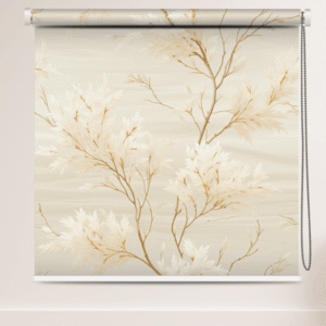 Soft Nature-Inspired Beige Botanical Designer Roller Blind with ivory leaves and golden branches.