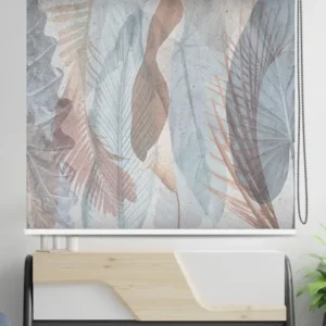 Serene Leafscape Designer Roller Blind featuring pastel-toned palm and monstera leaves on a concrete-textured background.