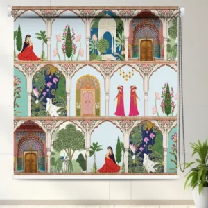 Mughal Courtyard Story Designer Roller Blind with royal miniature artwork, arches, and traditional Indian palace scenes.