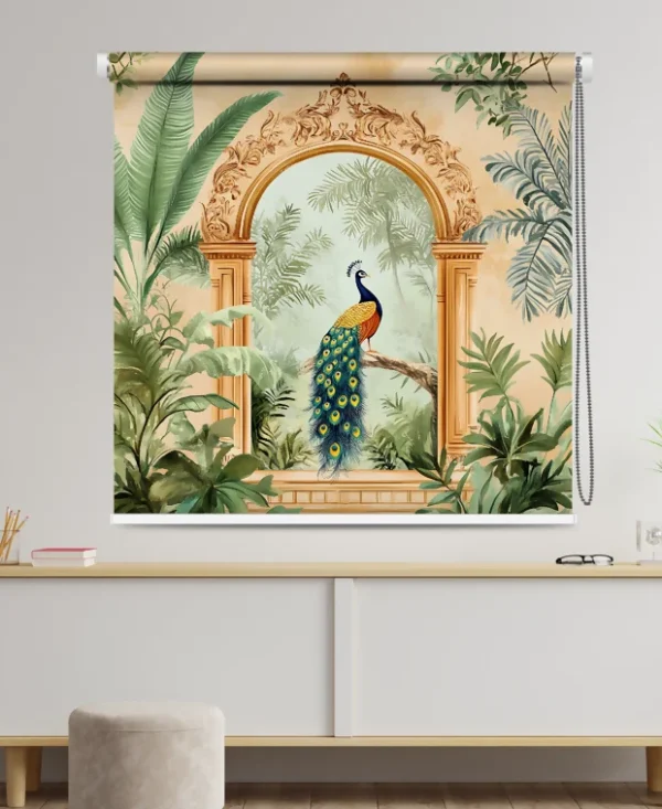 Vintage Arch & Jungle Botanical Royal Peacock Roller Blind with peacock illustration and jungle background.