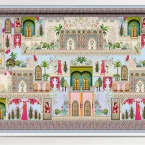 Indian Mughal palace artwork roller blind with Rajasthani window scenes.