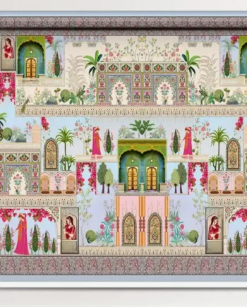 Indian Mughal palace artwork roller blind with Rajasthani window scenes.
