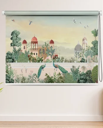 Majestic Peacock and Palace Garden Landscape Roller Blind with peacocks and royal domes at sunrise.