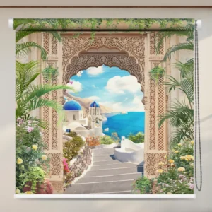 Mediterranean Santorini roller blind with sea view through Moorish arch.