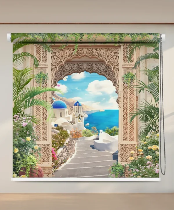 Mediterranean Santorini roller blind with sea view through Moorish arch.