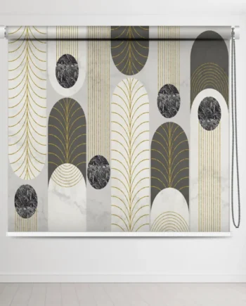 Modern Geometric Black & White Textured Roller Blind with circles, marble textures, and gold accents.