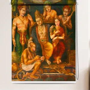 Ram Darbar roller blind with Ram, Sita, Hanuman, and Lakshman artwork.