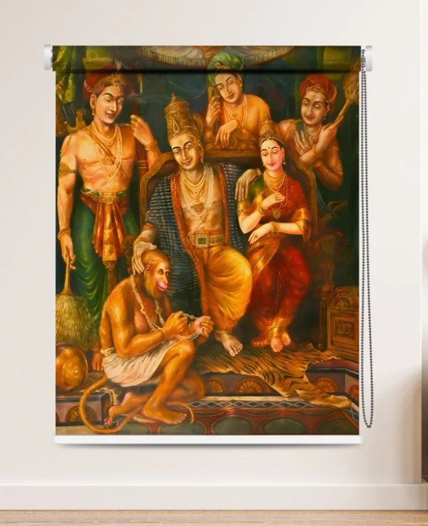Ram Darbar roller blind with Ram, Sita, Hanuman, and Lakshman artwork.
