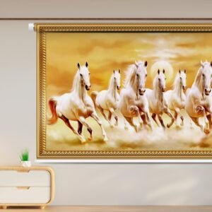Vastu-Inspired 7 white horses roller blind running toward sunrise with a golden background.”