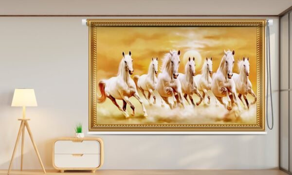 Vastu-Inspired 7 white horses roller blind running toward sunrise with a golden background.”