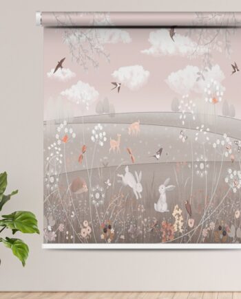 Pastel Woodland Animals Roller Blind for Kids' Rooms & Nurseries with bunnies, deer, hedgehogs, and birds in a floral meadow.