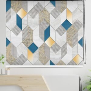 Geometric Luxe Roller Blind with Gold, Blue & Marble Accents with 3D cube pattern in blue, gold, and marble tones.
