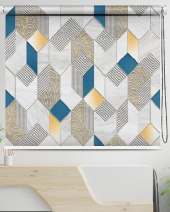 Geometric Luxe Roller Blind with Gold, Blue & Marble Accents with 3D cube pattern in blue, gold, and marble tones.