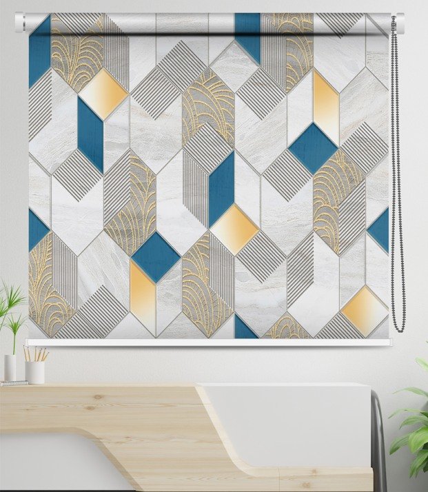 Geometric Luxe Roller Blind with Gold, Blue & Marble Accents