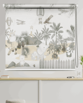 Jungle Safari Animal Roller Blind for Kids Room with baby safari animals, elephants, giraffes, and pandas in a palm jungle setting with vintage airplanes and hot air balloons