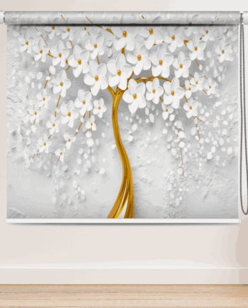 Luxury 3D Floral Golden Blossom Tree Roller Blind with golden tree trunk and white blossoms