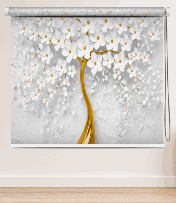 Luxury 3D Floral Golden Blossom Tree Roller Blind with golden tree trunk and white blossoms