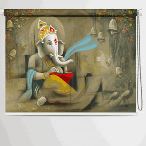 Divine Lord Ganesha Art Roller Blind with bells and peacocks