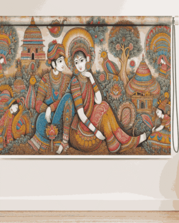Radha Krishna Folk Art Roller Blind with devotional Indian artwork and temple motif