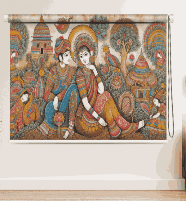 Radha Krishna Folk Art Roller Blind with devotional Indian artwork and temple motif