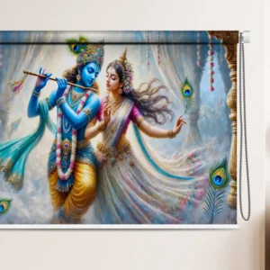 Divine Krishna-Radha Love Art Roller Blind featuring Radha Krishna in a divine love scene with flute and peacock feathers