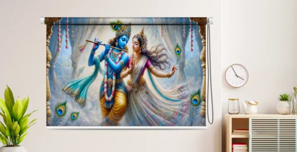 Divine Krishna-Radha Love Art Roller Blind featuring Radha Krishna in a divine love scene with flute and peacock feathers