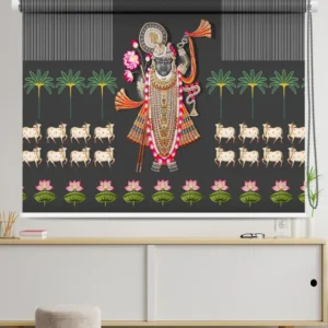 Lord Krishna designer roller blind with cows, lotuses, and palm trees