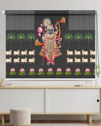 Lord Krishna designer roller blind with cows, lotuses, and palm trees