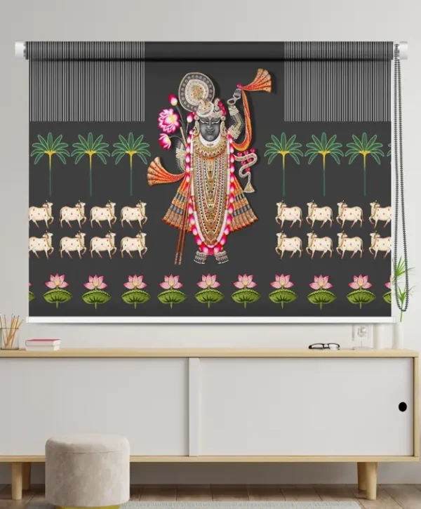 Lord Krishna designer roller blind with cows, lotuses, and palm trees