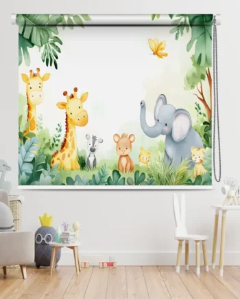 Kids Roller Blind with Jungle Safari Animals for kids room with giraffe, elephant, lion, zebra, and monkey illustration.