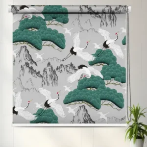 Japanese-style Oriental Crane & Pine Designer Roller Blind with flying cranes, pine trees, and mountain background in neutral tones.