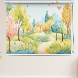 Whimsical countryside landscape roller blind with pastel trees, cottage, and butterflies.