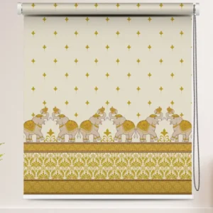 Traditional Indian Elephant design Roller Blind with elephant procession in gold and beige on an ethnic patterned background.Traditional Indian Elephant design Roller Blind with elephant procession in gold and beige on an ethnic patterned background.