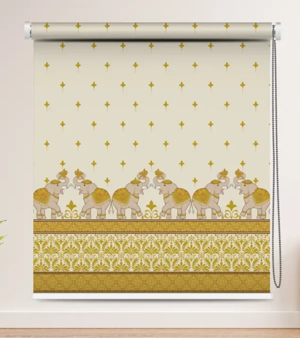 Traditional Indian Elephant design Roller Blind with elephant procession in gold and beige on an ethnic patterned background.Traditional Indian Elephant design Roller Blind with elephant procession in gold and beige on an ethnic patterned background.