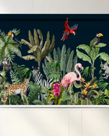 Animals & Botanical Print Roller Blind for Kids' Room with jungle animals and tropical plants on navy background