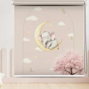 Cute baby elephant sleeping on moon nursery roller blind