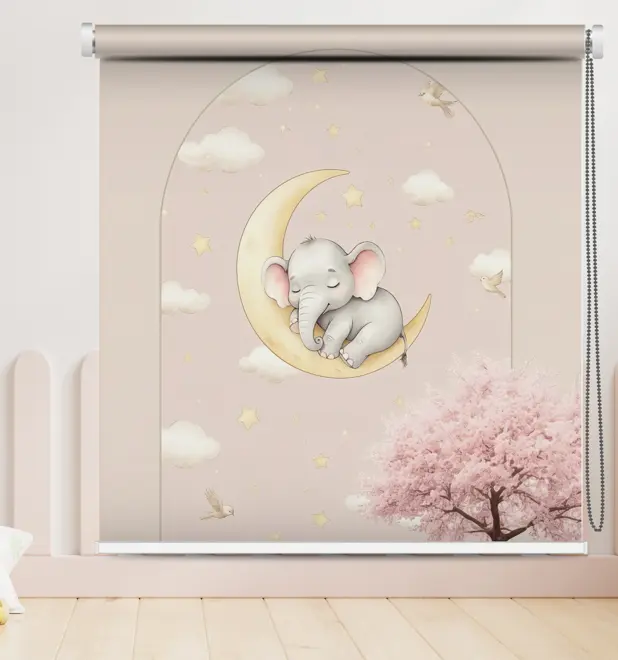 Cute Sleeping Baby Elephant on Moon Roller Blind
