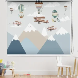 Adventure Skies Roller Blind for Child Room with hot air balloons and vintage airplanes flying over snowy mountains – children's room blinds decor.