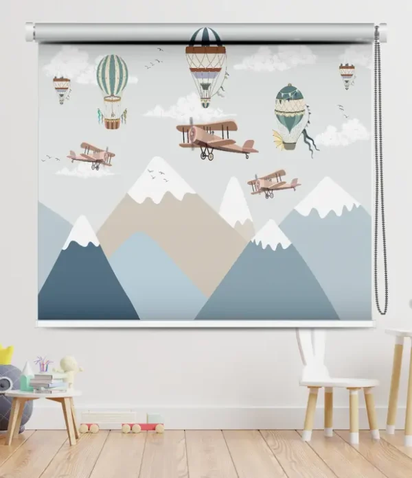 Adventure Skies Roller Blind for Child Room with hot air balloons and vintage airplanes flying over snowy mountains – children's room blinds decor.