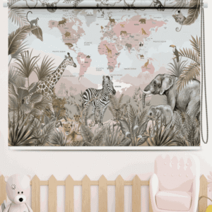 Educational World Map Animal Safari Roller Blinds for Kids with world map and safari animals for kids room or nursery decor – educational window shade.