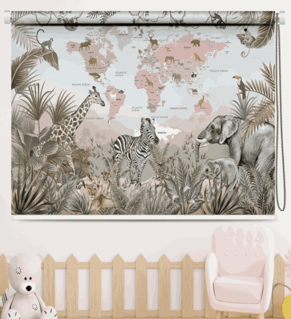 Educational World Map Animal Safari Roller Blinds for Kids with world map and safari animals for kids room or nursery decor – educational window shade.