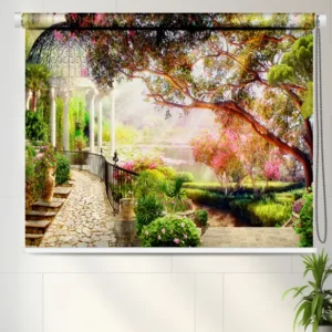 3D Floral Garden Gazebo View Roller Blind with stone path, blooming flowers, and scenic landscape.