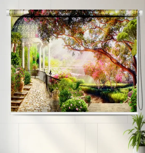 3D Floral Garden Gazebo View Roller Blind with stone path, blooming flowers, and scenic landscape.